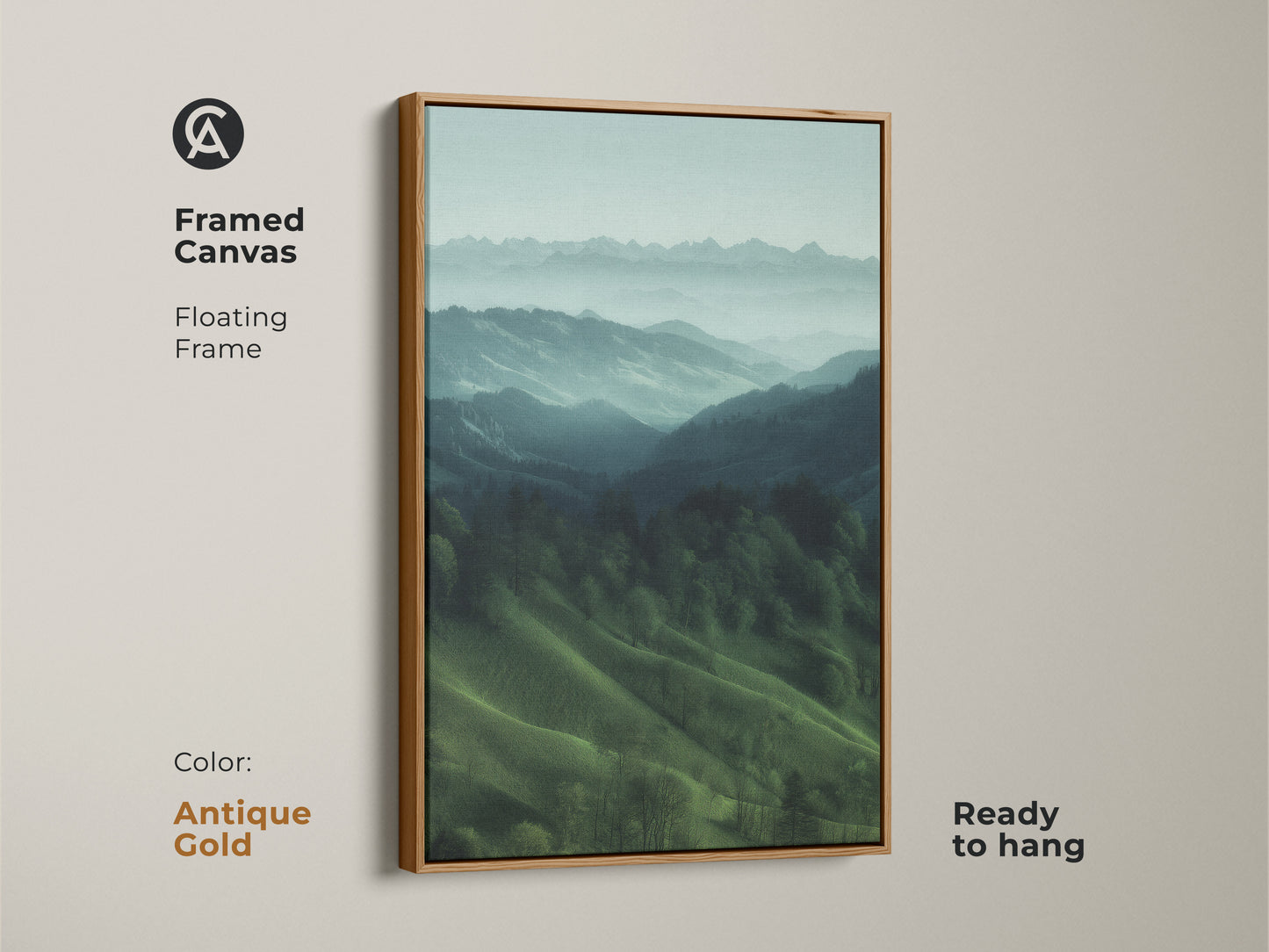 Antique gold framed canvas presenting a misty mountain landscape. Floating frame accents this teal green nature artwork. Ready to hang this modern farmhouse bedroom decor. Ideal housewarming gift for hiker and outdoor lovers. Calming forest view art.