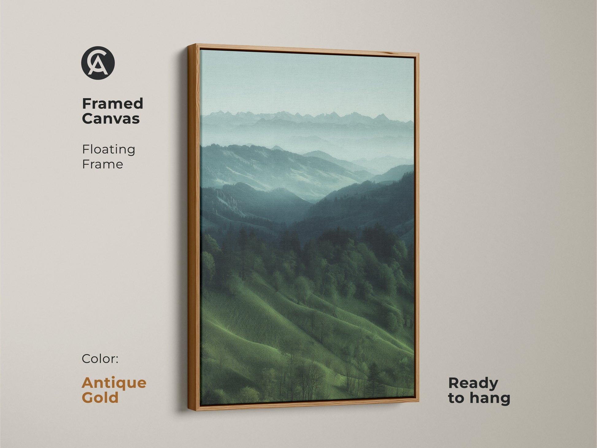 Antique gold framed canvas presenting a misty mountain landscape. Floating frame accents this teal green nature artwork. Ready to hang this modern farmhouse bedroom decor. Ideal housewarming gift for hiker and outdoor lovers. Calming forest view art.