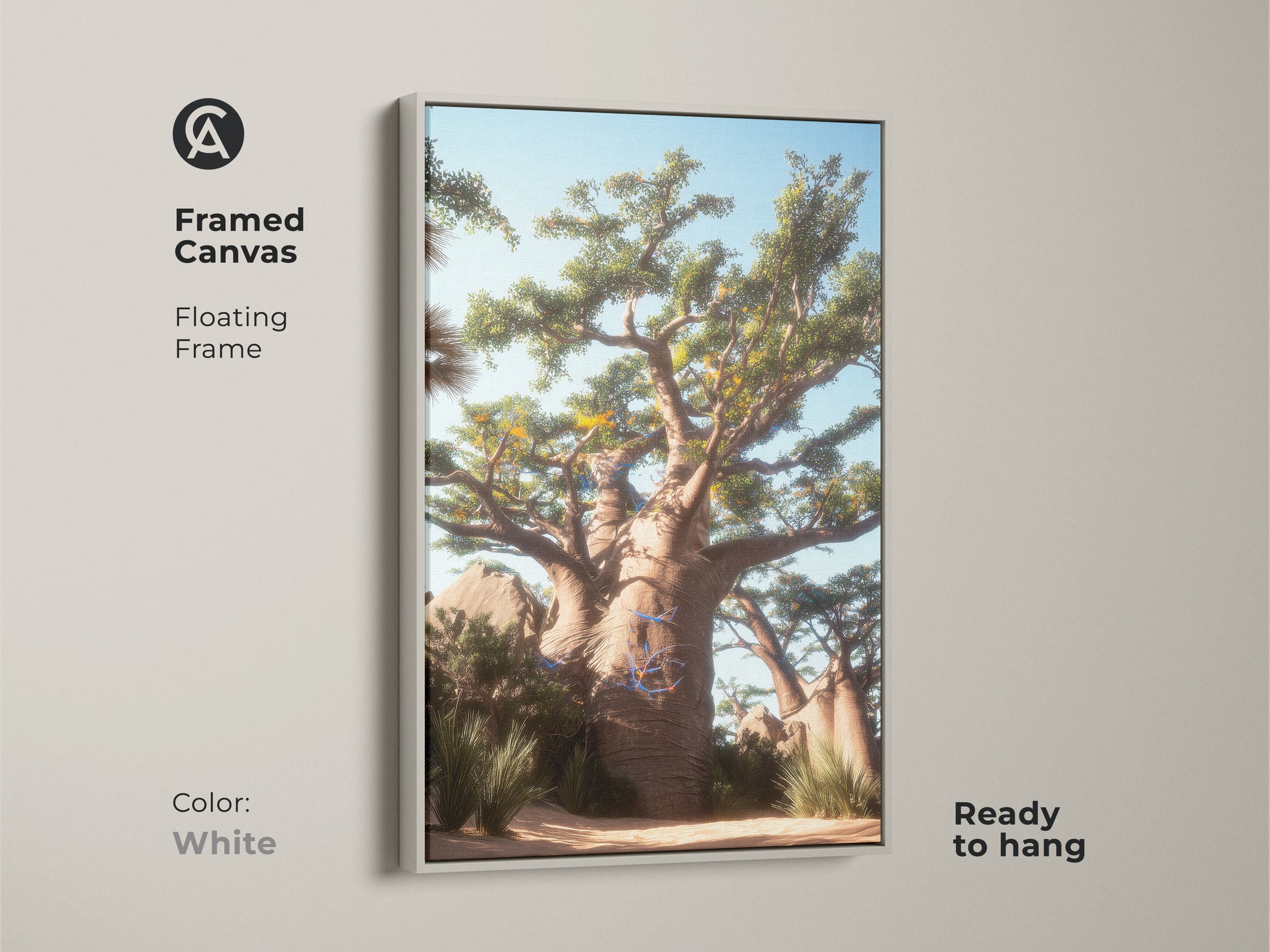 Framed Canvas displaying a Baobab Tree Wall Art with a white floating frame. The Desert Landscape Canvas Print is ready to hang. This boho home decor art is perfect as a unique travel gift or housewarming present.