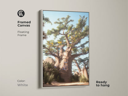 Framed Canvas displaying a Baobab Tree Wall Art with a white floating frame. The Desert Landscape Canvas Print is ready to hang. This boho home decor art is perfect as a unique travel gift or housewarming present.