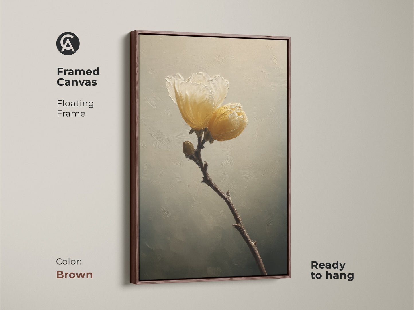 Framed canvas with a floating brown frame highlights neutral floral art. This soft yellow wall art is perfect for a bedroom. The cream floral print offers a farmhouse floral canvas look that is ready to hang.
