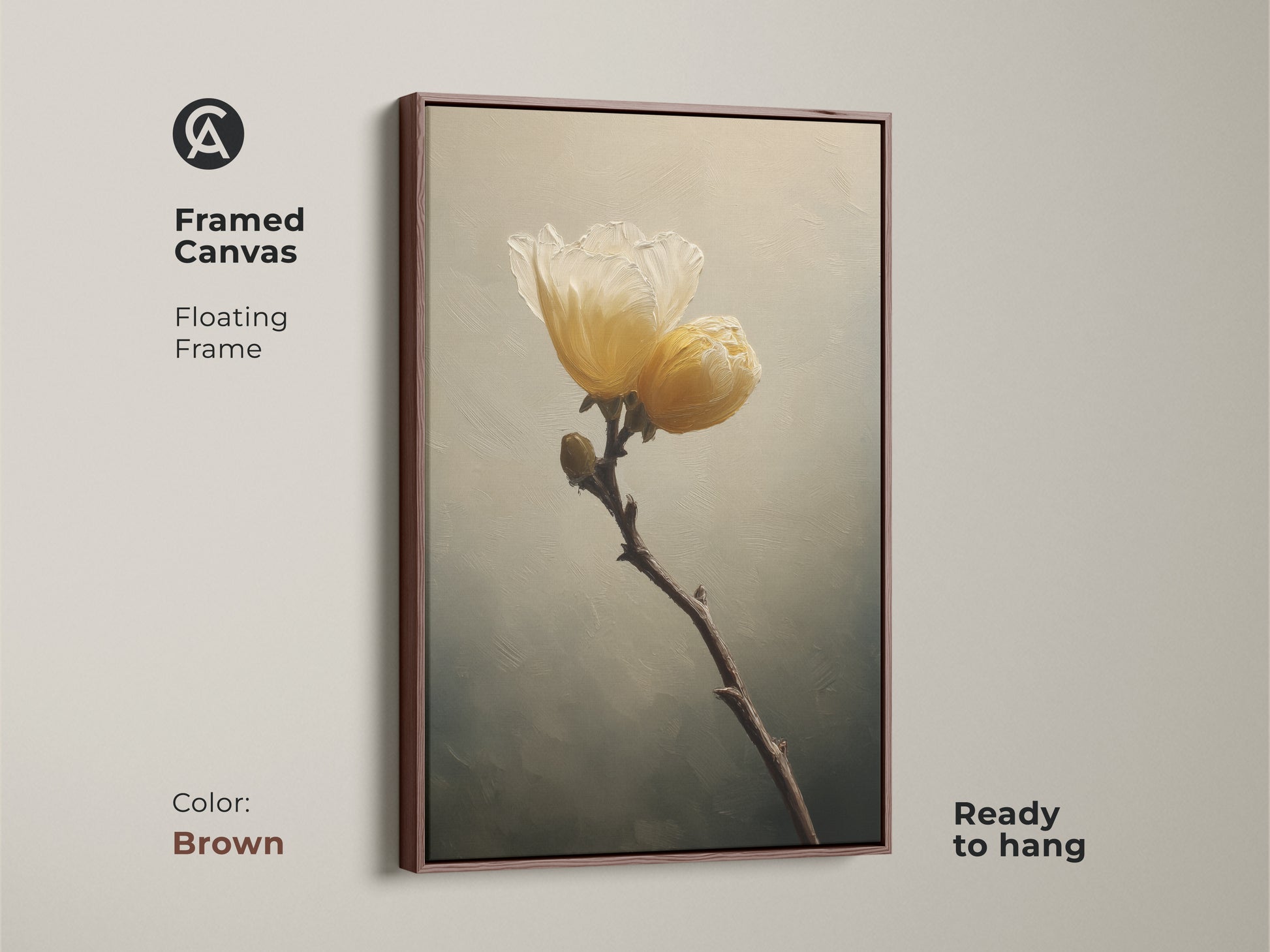 Framed canvas with a floating brown frame highlights neutral floral art. This soft yellow wall art is perfect for a bedroom. The cream floral print offers a farmhouse floral canvas look that is ready to hang.