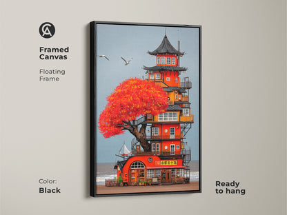Framed brown canvas art featuring a whimsical Japanese Pagoda coastal tower. The artwork shows a red tree seascape with boho beach home decor influences. Floating frame makes it ready to hang as fantasy travel gift.