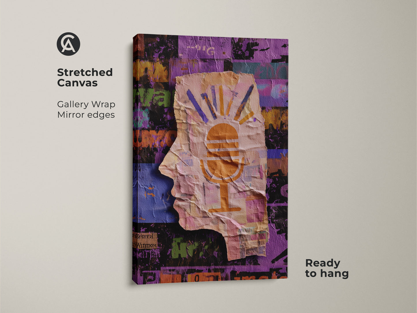 A stretched canvas print of an abstract collage art piece. It showcases a head silhouette with a microphone motif. The gallery wrap and mirror edges enhance its modern look. The art piece is ready to hang and brings an eclectic studio decor with orange yellow purple hues.