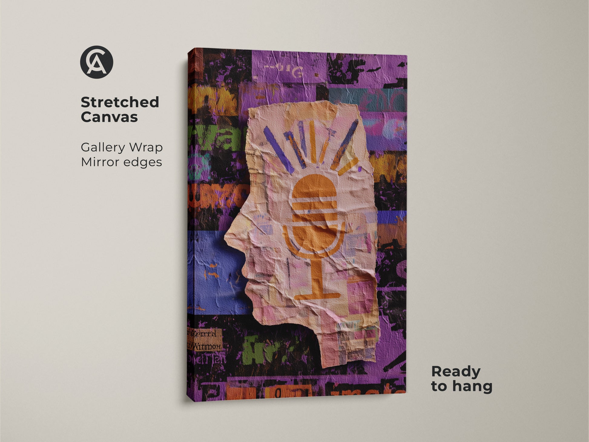 A stretched canvas print of an abstract collage art piece. It showcases a head silhouette with a microphone motif. The gallery wrap and mirror edges enhance its modern look. The art piece is ready to hang and brings an eclectic studio decor with orange yellow purple hues.
