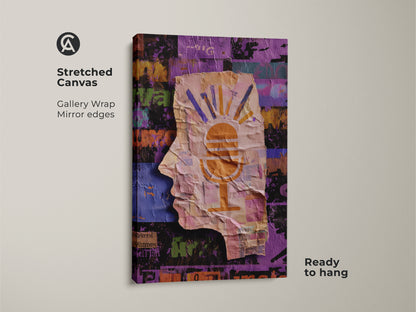 A stretched canvas print of an abstract collage art piece. It showcases a head silhouette with a microphone motif. The gallery wrap and mirror edges enhance its modern look. The art piece is ready to hang and brings an eclectic studio decor with orange yellow purple hues.