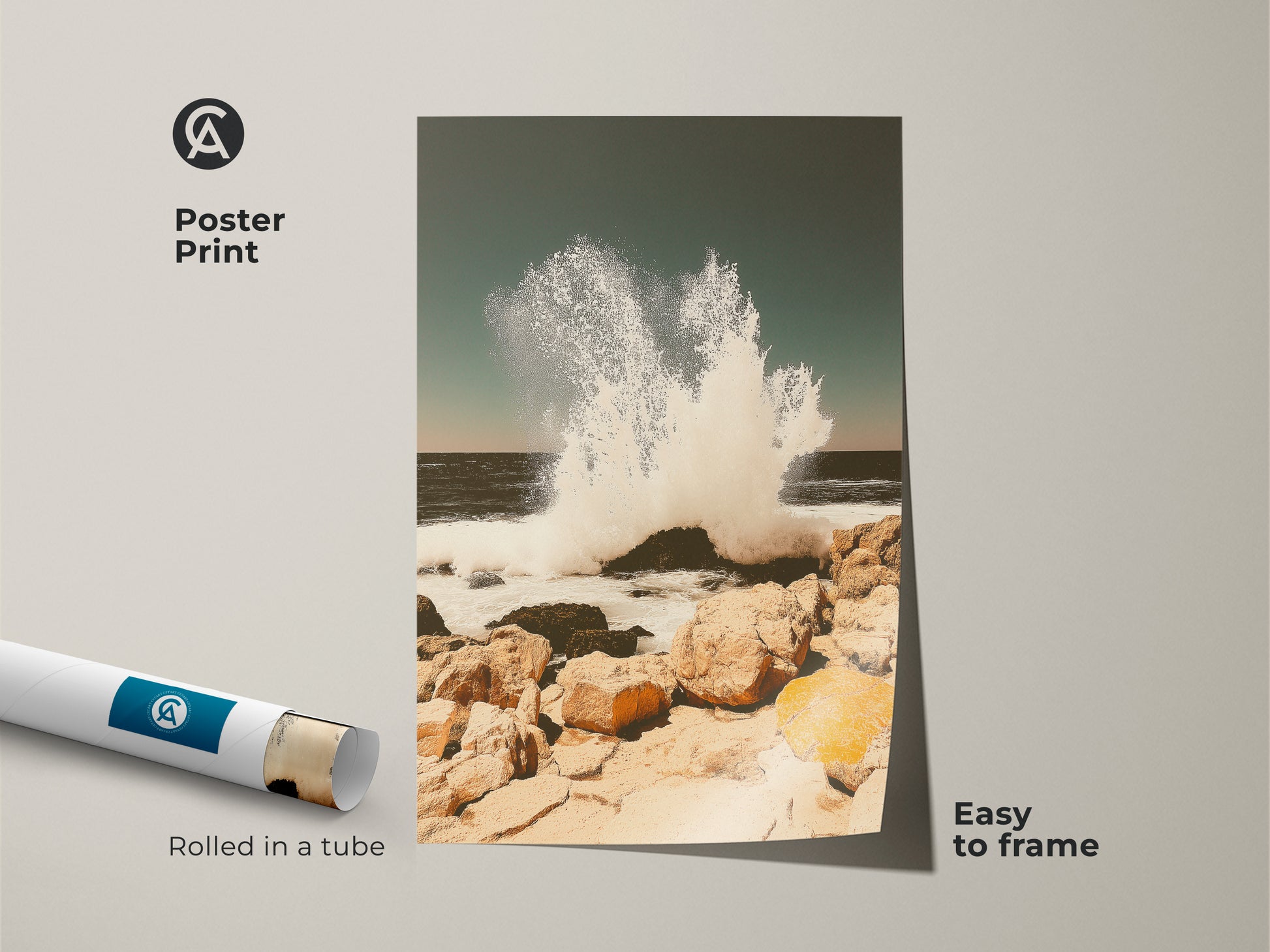 Poster print of teal ocean wave art rolled in a tube easy to frame. Coastal seascape wall art showcases a crashing wave on a rocky shore. The beach house canvas art makes a perfect housewarming gift for beach lovers with an ocean theme.