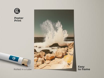 Poster print of teal ocean wave art rolled in a tube easy to frame. Coastal seascape wall art showcases a crashing wave on a rocky shore. The beach house canvas art makes a perfect housewarming gift for beach lovers with an ocean theme.