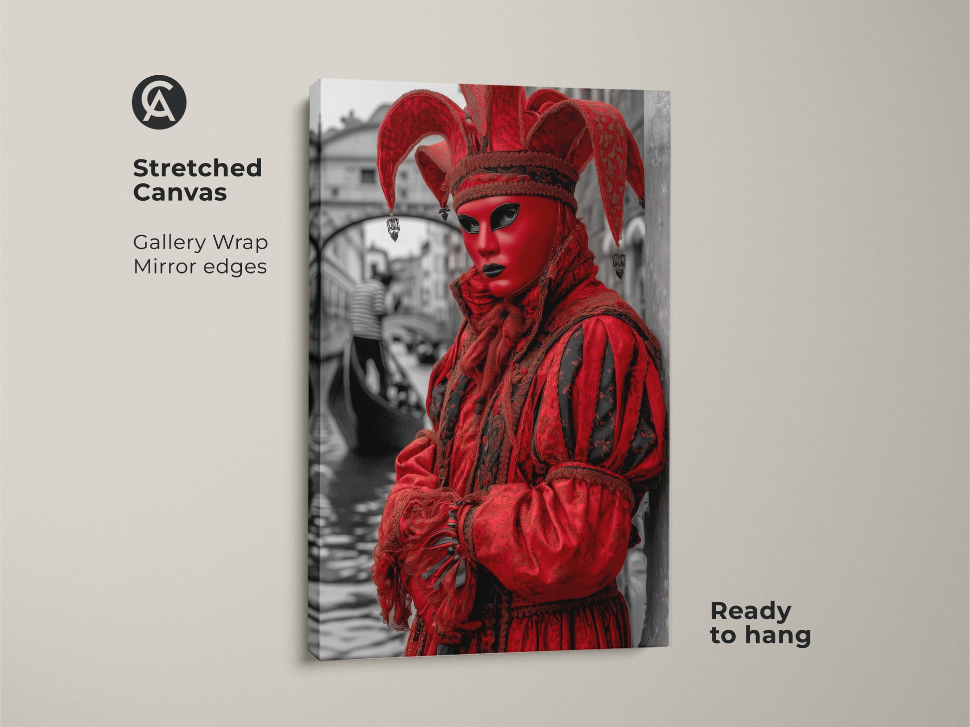 Eclectic red Jester art printed on a stretched canvas. Ready to hang this piece features a crimson masquerade mask. This Venetian carnival print offers gallery-wrapped edges perfect for unique wall accents. It's ideal for travel-themed decor.