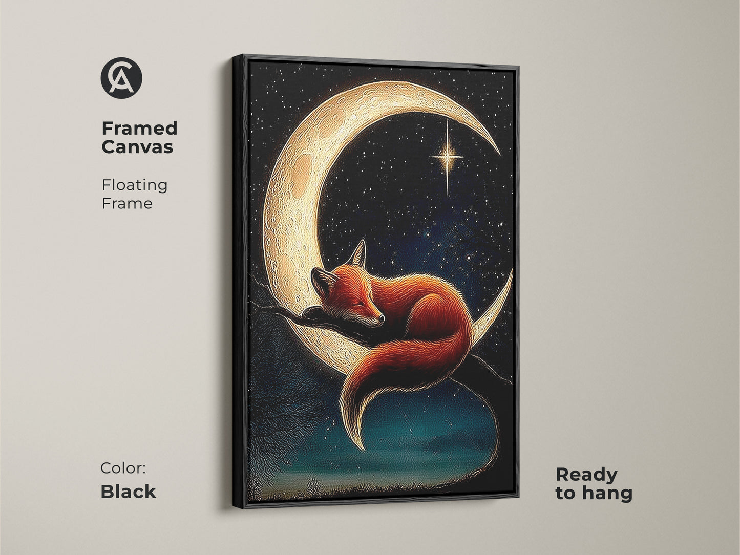 Framed canvas of a sleeping fox on moon art. It has a black floating frame. A celestial fox wall art print. This art is ready to hang for dreamy kids' room decor.