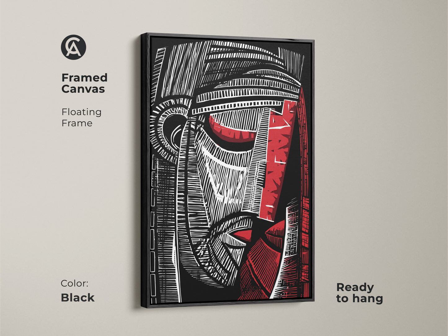 Framed canvas featuring a black red and white abstract face. This cubist portrait wall art with a floating frame is ready to hang. Perfect modern artwork for a study or office. The black frame enhances the bold graphic art.