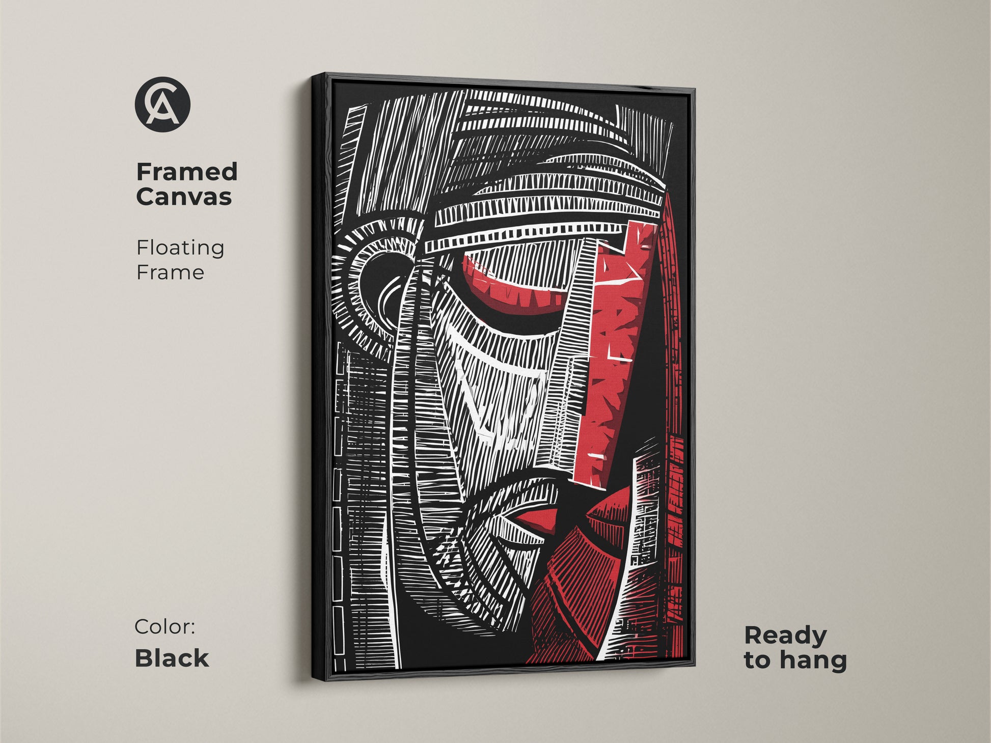 Framed canvas featuring a black red and white abstract face. This cubist portrait wall art with a floating frame is ready to hang. Perfect modern artwork for a study or office. The black frame enhances the bold graphic art.