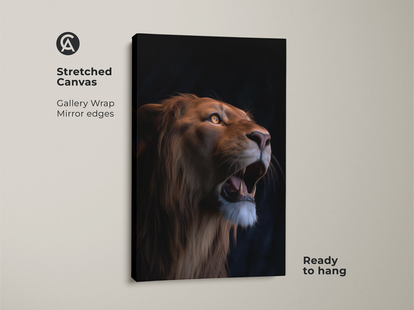 Stretched canvas print featuring a photorealistic lion. This wildlife animal artwork is ready to hang. It is a great eclectic bedroom decor piece. The gallery wrap with mirror edges enhances the roaring lion poster. A majestic animal print for any home.