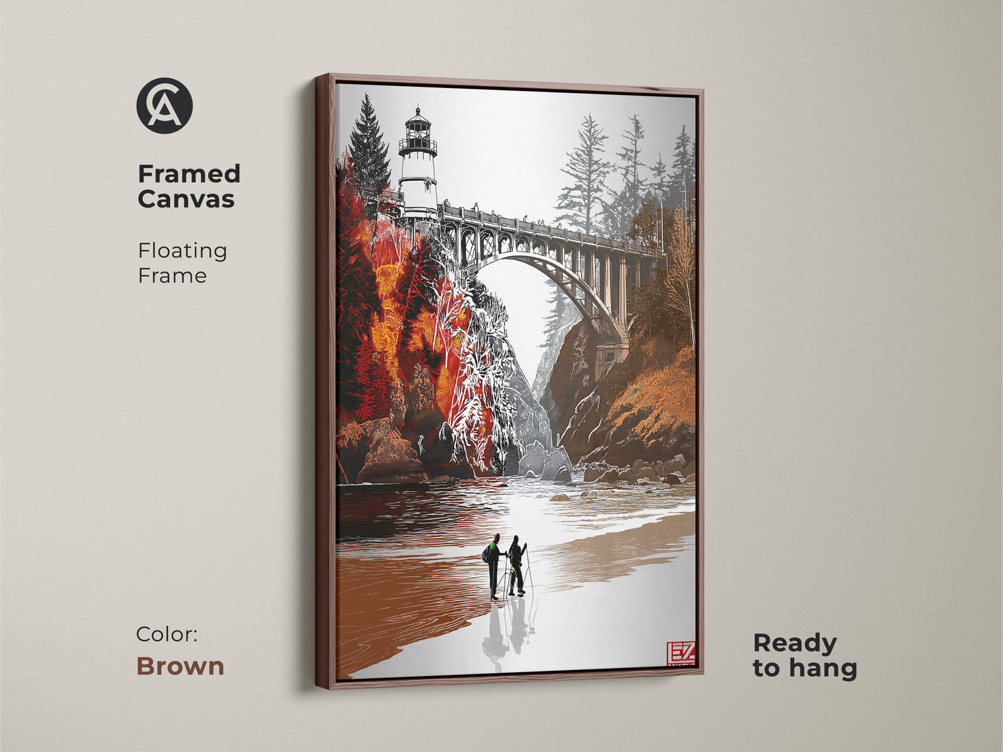 Framed canvas presenting lighthouse bridge artwork with a brown floating frame. The orange red landscape art offers a coastal farmhouse aesthetic. It’s ready to hang and adds rustic charm. Perfect entryway wall decor and great housewarming present for travelers and art enthusiasts.