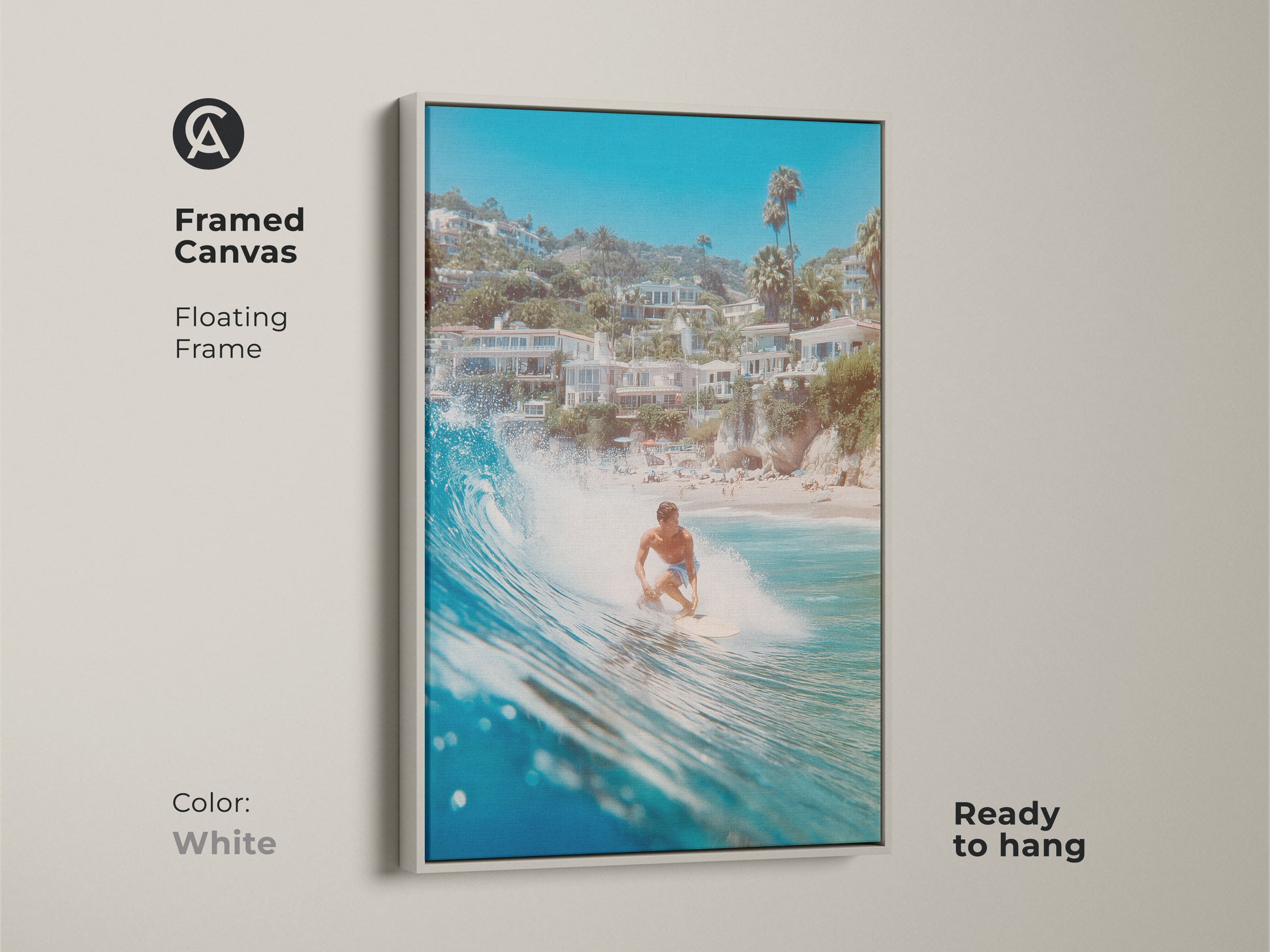 A framed canvas art print featuring a surfer riding a wave. The floating white frame enhances the artwork. This piece is ready to hang and brings a touch of the ocean into your home. The artwork has a clean and minimalist aesthetic.