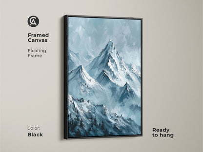 Framed canvas art with a floating frame in black. The mountain artwork adds elegance to your living space. This ready-to-hang piece brings a touch of nature indoors.