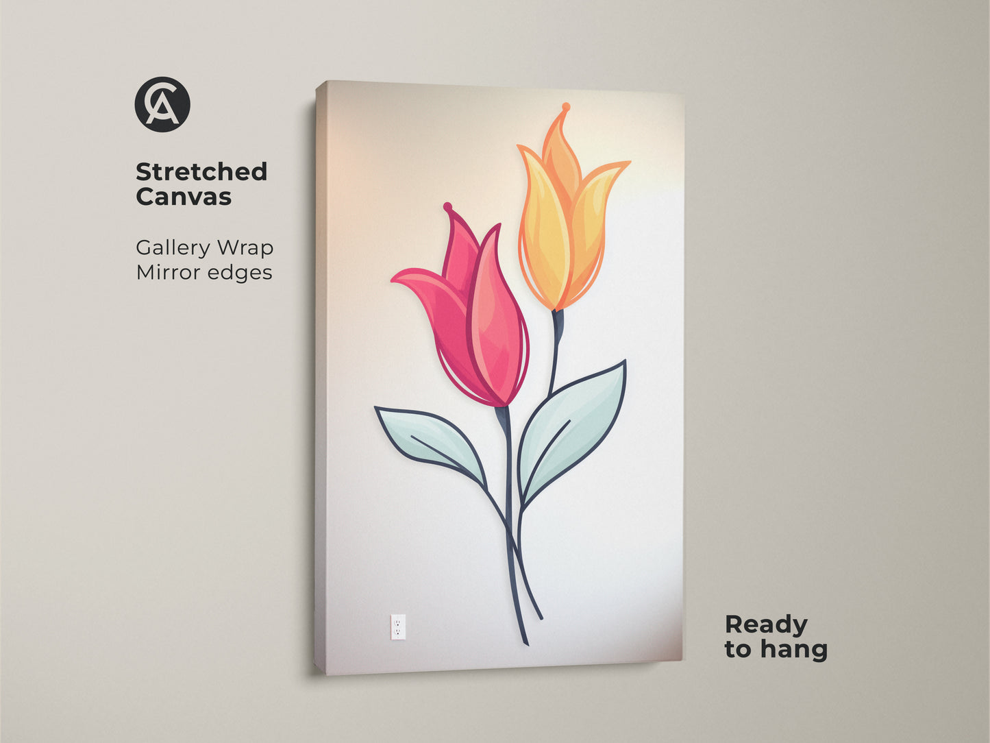 Stretched canvas of pink and yellow tulip artwork hanging on a wall. This botanical folk art offers a Scandinavian aesthetic. This ready-to-hang canvas print is a perfect gift. It enhances bedroom decor with minimalist floral beauty.