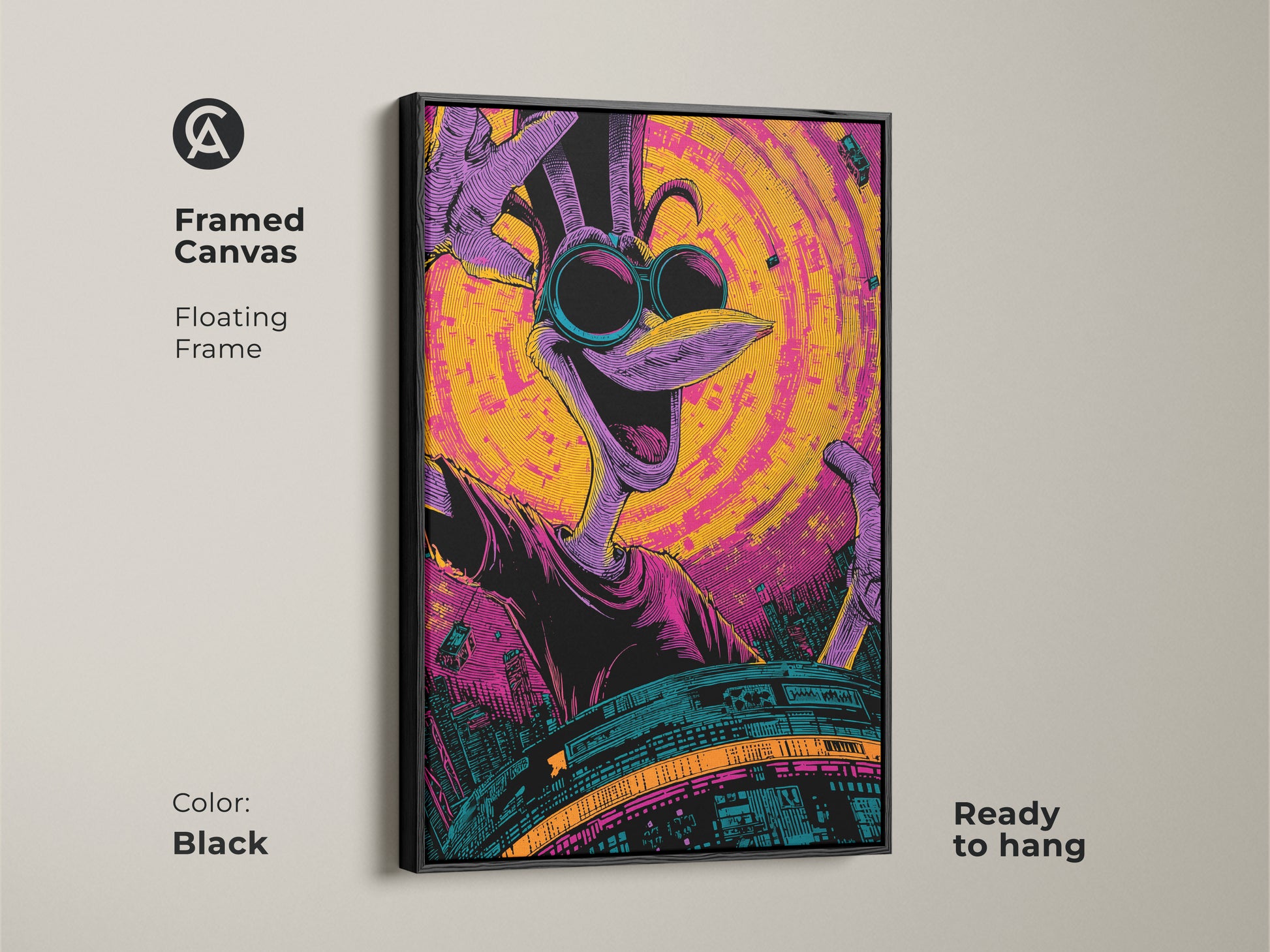 Framed canvas art featuring a cartoon bird character with sunglasses in a black floating frame. The artwork is ready to hang. This piece showcases a mix of purple yellow and teal hues. It is a striking addition to any art collection providing a contemporary feel.