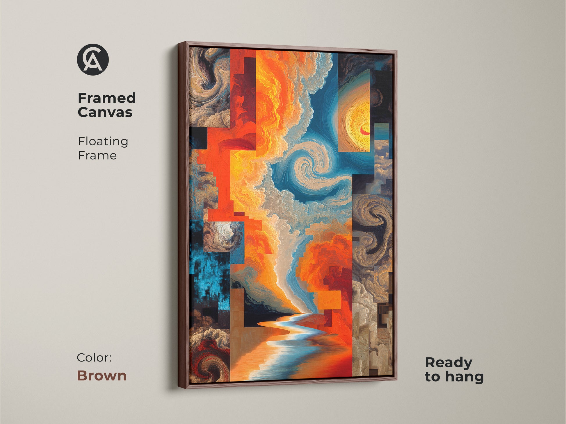 Brown Framed Canvas Print. Abstract artwork with swirling clouds and water. Orange yellow and blue hues blend in this eclectic piece. Ready to hang it's perfect for any modern home decor or housewarming gift.
