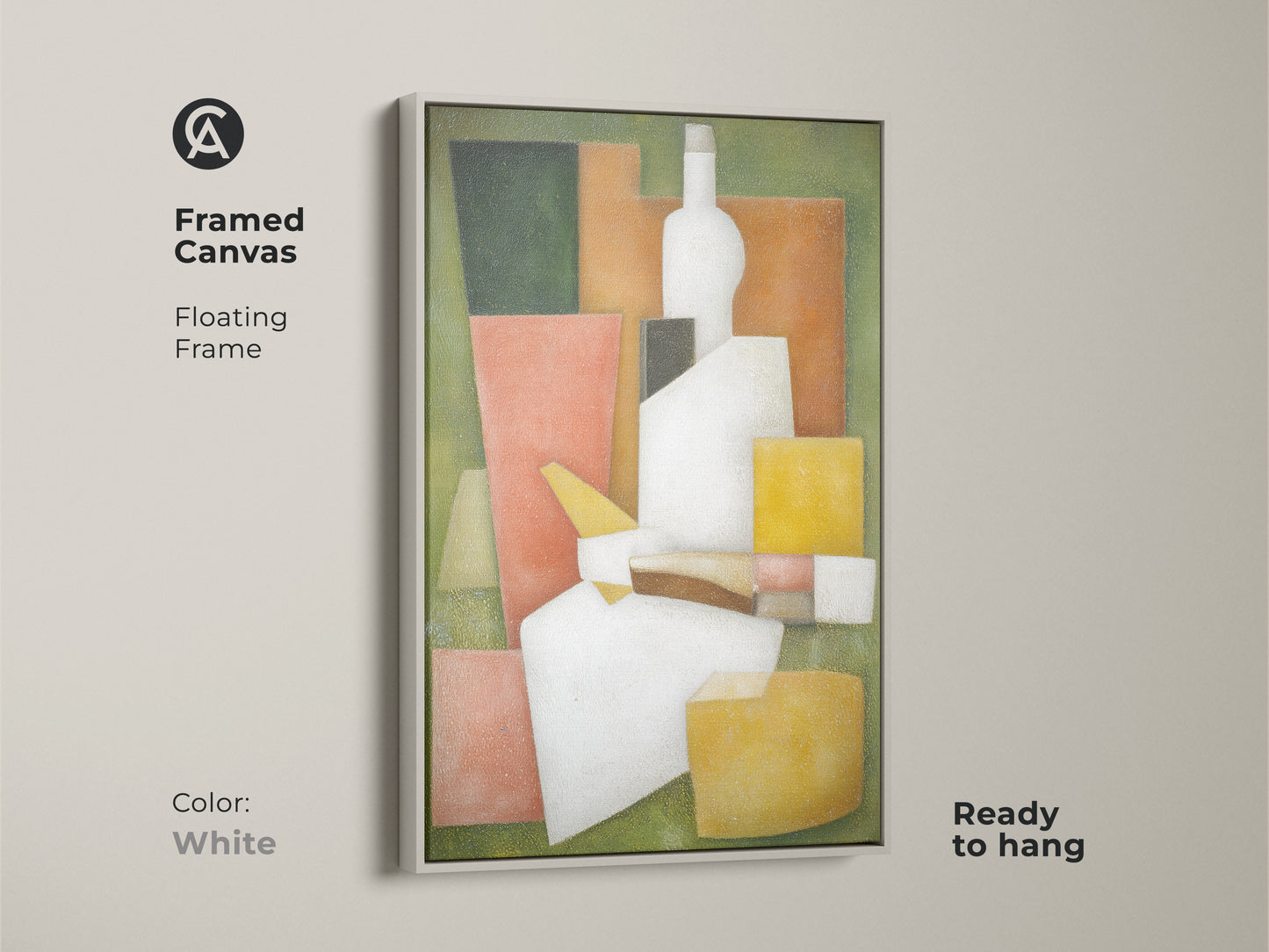 Framed canvas showcasing a floating frame in white. The modern cubist still life print is ready to hang. This geometric bottle artwork features green white and orange. It is a stylish and sophisticated piece for any room.