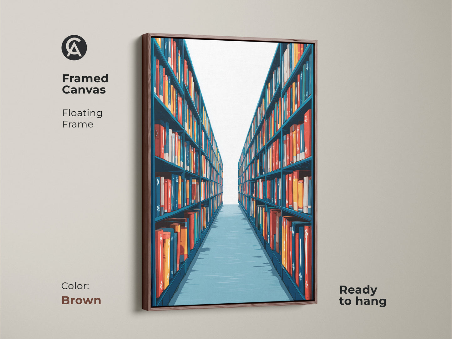 Framed Canvas showcasing a Library Bookshelf with a floating brown frame. The teal and red color palette complements this unique study decor. Ready to enhance your home office or study room.