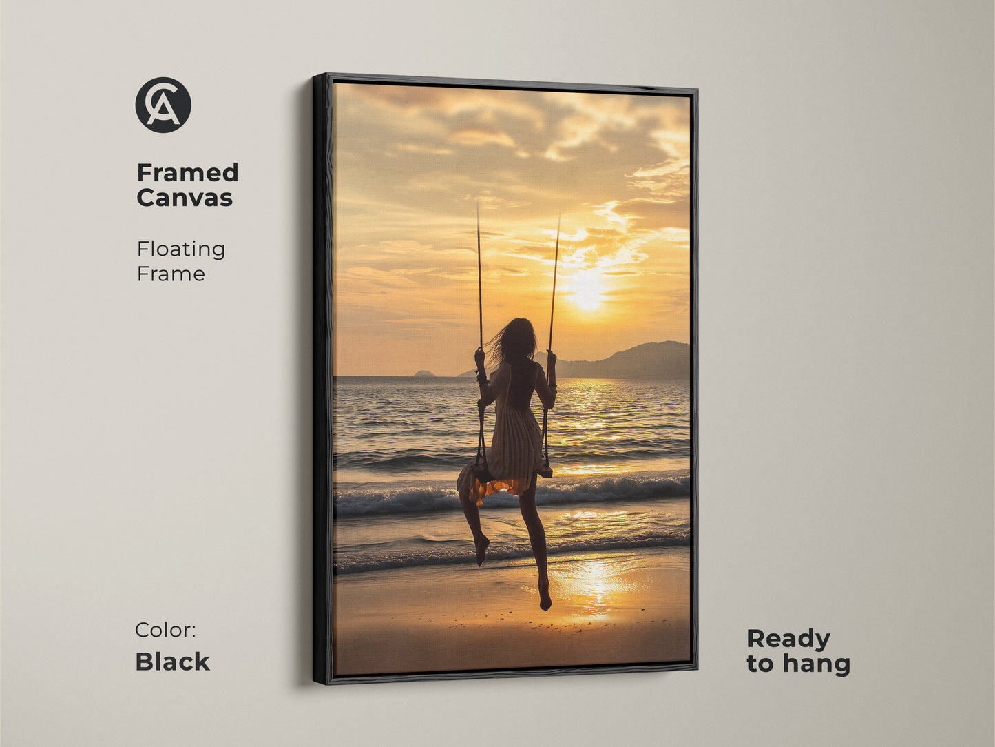 Framed canvas with a floating black frame featuring a woman on a swing at sunset. The golden ocean waves add a boho coastal touch to any room. This ready-to-hang artwork brings a sense of summer vacation and relaxation. Perfect as a beach lover gift idea and home accent.