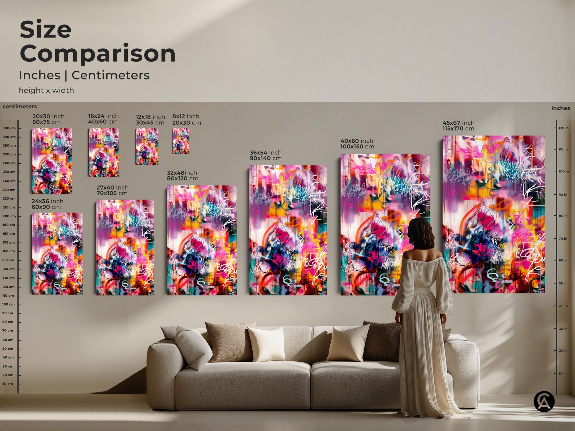 Size comparison of abstract art prints in inches and centimeters. Featuring a variety of sizes for canvas and poster options. A woman stands near a sofa to show scale. Find the ideal size to enhance your living space with modern artwork.