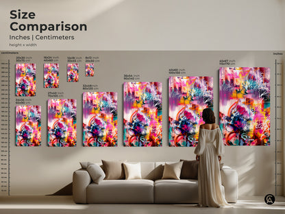 Size comparison of abstract art prints in inches and centimeters. Featuring a variety of sizes for canvas and poster options. A woman stands near a sofa to show scale. Find the ideal size to enhance your living space with modern artwork.