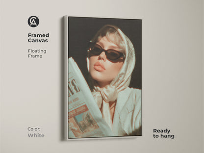 Framed Canvas of a Retro Glamour Woman Portrait. The fashion artwork features a floating frame in white. Ready to hang. This piece of eclectic home decor adds vintage charm. It's perfect wall art for fashion lovers.