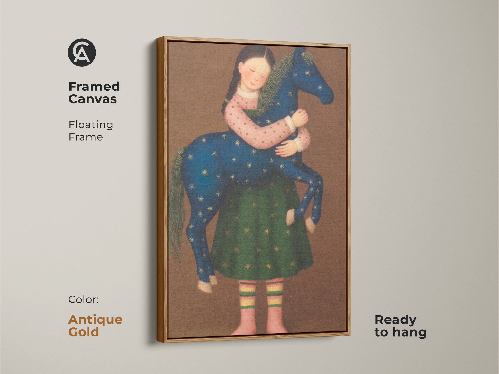 A unique whimsical girl horse art print perfect for adding a touch of fantasy to any room. The blue gold green horse art and folk art girl illustration creates a captivating scene. It is great as boho nursery decor.