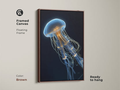 Breathtaking framed canvas art of an electric blue jellyfish with a rich brown floating frame. Ready to hang this piece brings surreal marine life beauty to your walls. The bioluminescent ocean wall art adds a contemporary touch. It's an ideal housewarming gift for those who appreciate abstract blue wall art.