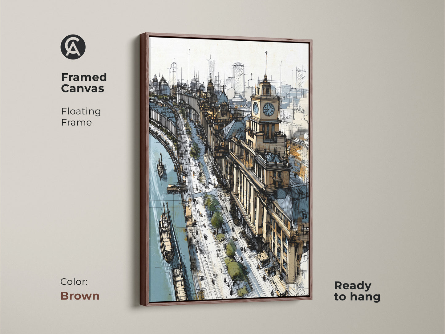Framed canvas art of a cityscape sketch with a riverfront and clock tower in a brown floating frame. Contemporary tan and blue artwork is ready to hang. This travel-themed architectural line art is ideal for office decor or as a unique housewarming gift for art lovers.
