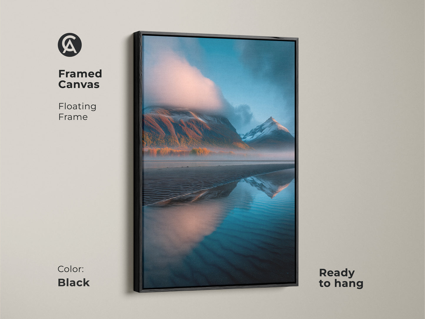 Framed canvas showcasing a mountain lake landscape with a black floating frame. The blue orange teal artwork is ready to hang. Nature photography for modern home decor.