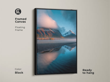 Framed canvas showcasing a mountain lake landscape with a black floating frame. The blue orange teal artwork is ready to hang. Nature photography for modern home decor.