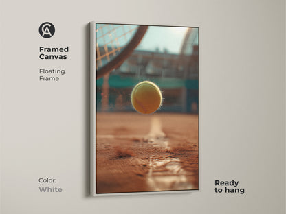 White framed canvas print featuring a tennis ball. This ready-to-hang artwork includes a modern floating frame. The crisp white frame highlights the action shot of a tennis ball mid-air. Perfect for adding a clean sporty touch to any room. Ideal for tennis fans.