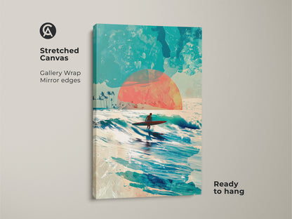 Stretched canvas art featuring a surfer riding a wave. The artwork uses shades of blue orange and turquoise. This gallery wrapped canvas is ready to hang. Add a touch of the ocean to your home with this surfer artwork.