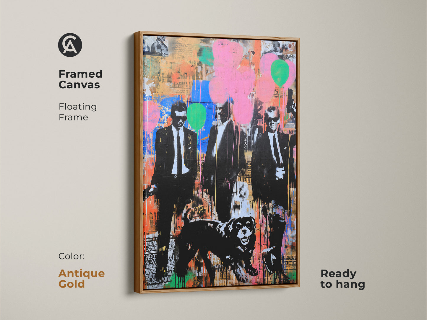 Antique Gold Framed Graffiti Men Suits Dog Canvas. This framed canvas is ready to hang. The antique gold frame adds a vintage touch to the modern urban art. Ideal for a unique man cave decor or eclectic office. A colorful graffiti print.