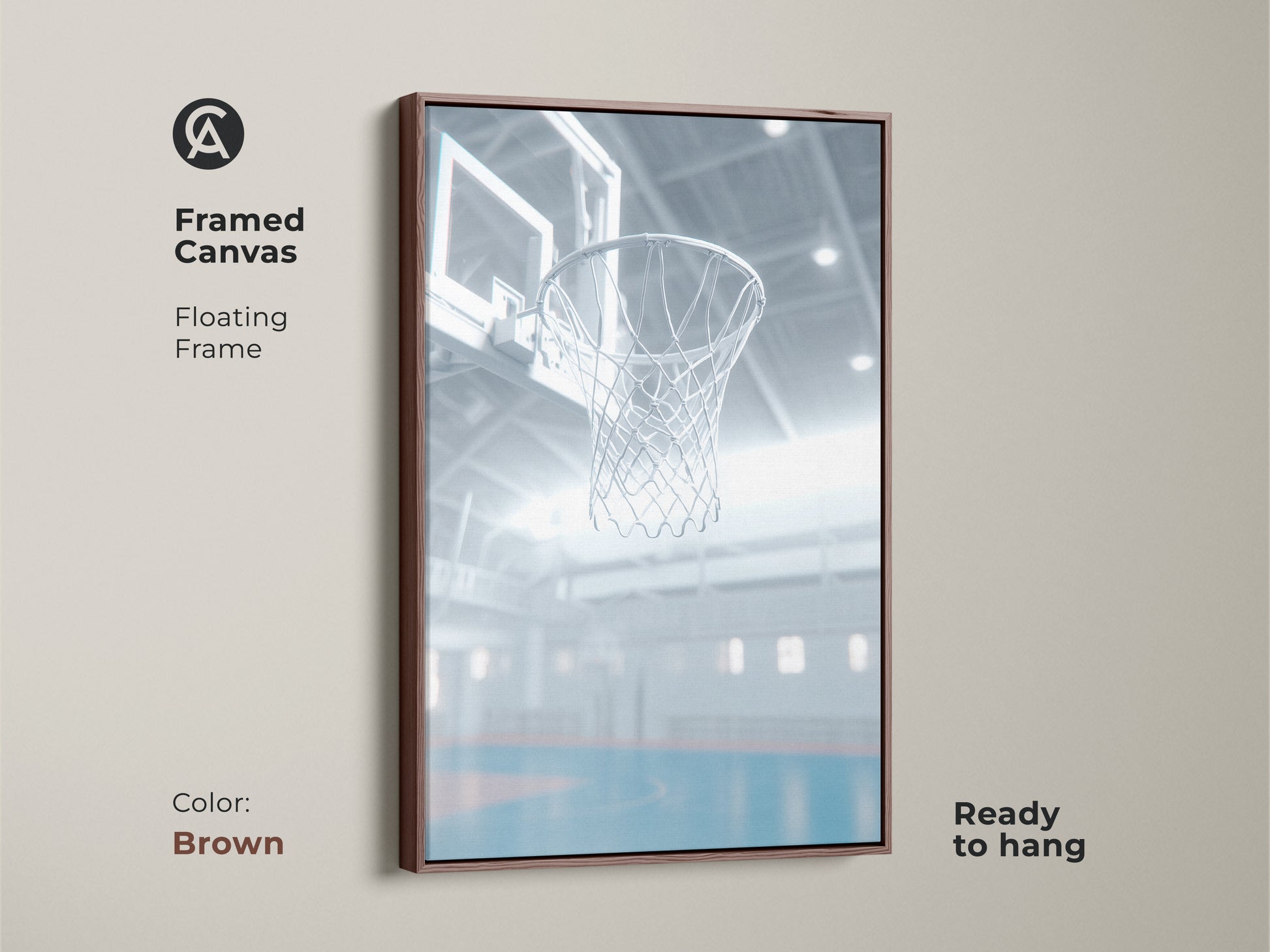This framed canvas art features a basketball hoop with a floating frame. The frame color is brown. The artwork is ready to hang. It adds a sporty touch to any room. The brown frame complements the subject matter. This is a unique piece of art.