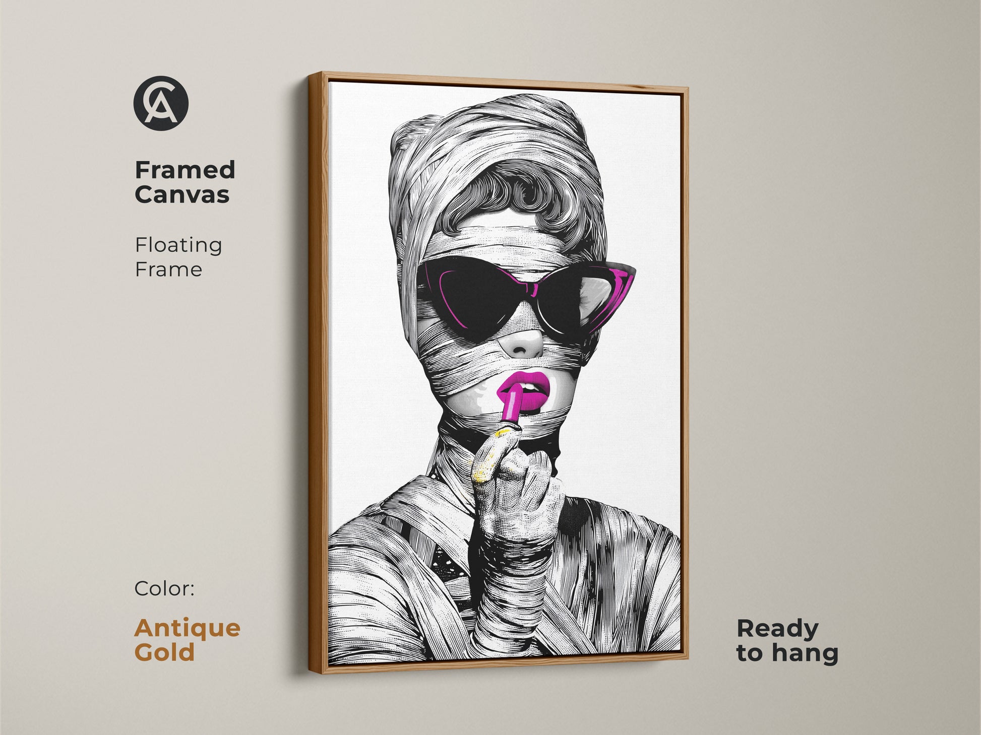 Framed Canvas showcasing an artistic woman portrait. The antique gold floating frame highlights the fashionable woman artwork. This pop art canvas print is a surreal fashion wall art piece. It's a stylish birthday gift for a fashion icon.
