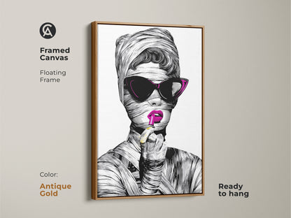 Framed Canvas showcasing an artistic woman portrait. The antique gold floating frame highlights the fashionable woman artwork. This pop art canvas print is a surreal fashion wall art piece. It's a stylish birthday gift for a fashion icon.