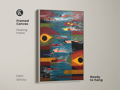 This framed canvas features abstract swimmers in a mid-century modern style. The floating frame is white for a clean look. Ready to hang this art enhances any space. The artwork showcases blue orange and red tones. The swimming abstract canvas makes a unique and artistic decor piece.