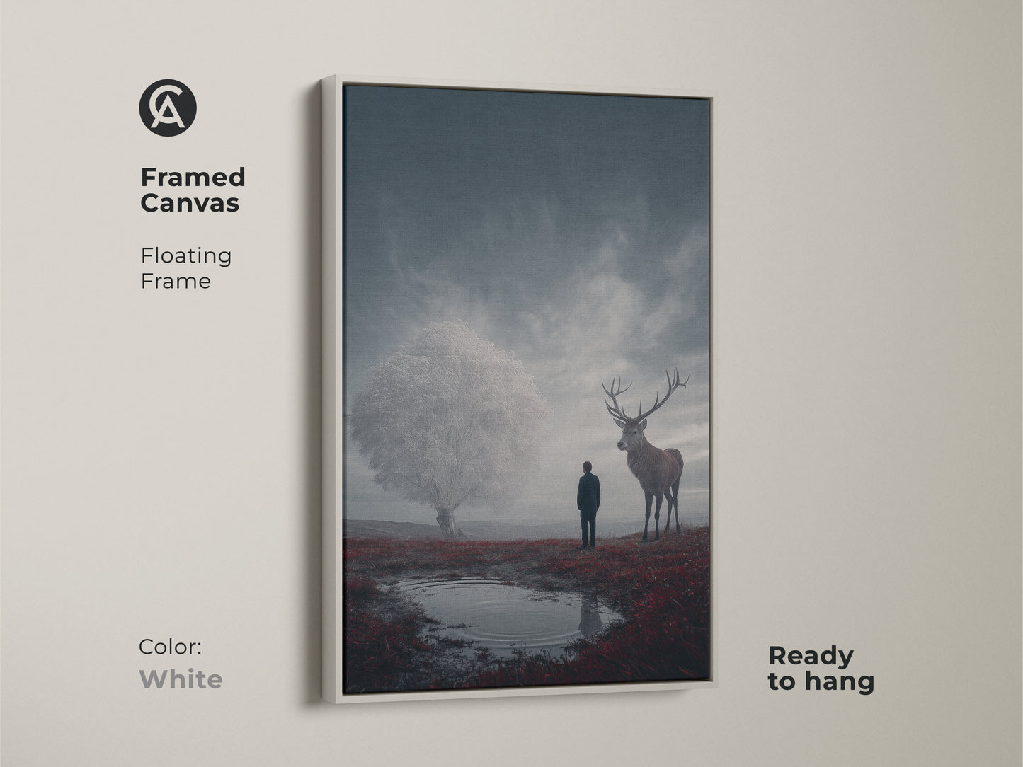 This framed canvas is a mystical fantasy wall art decor. The white floating frame enhances the deep blue and crimson abstract art. This canvas is ready to hang. It makes a great gift for dreamers and adventurers.
