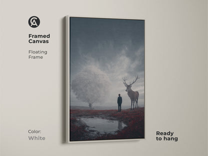 This framed canvas is a mystical fantasy wall art decor. The white floating frame enhances the deep blue and crimson abstract art. This canvas is ready to hang. It makes a great gift for dreamers and adventurers.