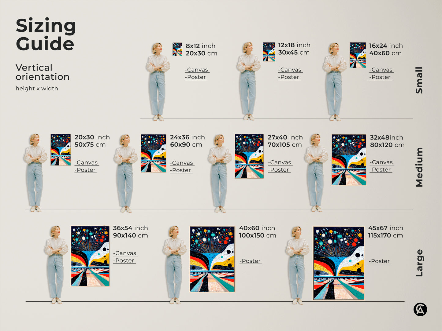 Sizing guide for vertical abstract bowling artwork. Available in small medium and large sizes. Each size shows canvas and poster options. Find the perfect fit for your game room wall art or modern home accent.