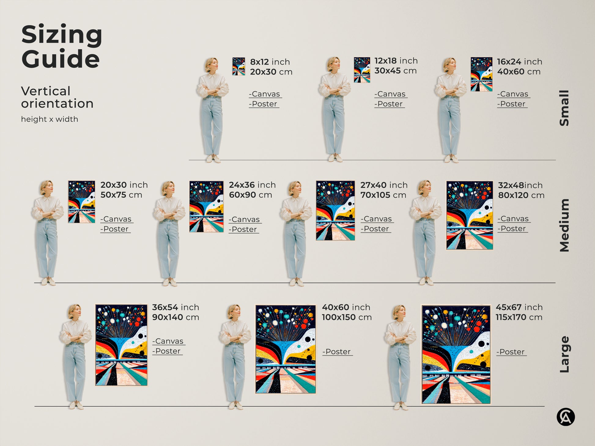 Sizing guide for vertical abstract bowling artwork. Available in small medium and large sizes. Each size shows canvas and poster options. Find the perfect fit for your game room wall art or modern home accent.