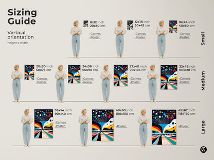 Sizing guide for vertical abstract bowling artwork. Available in small medium and large sizes. Each size shows canvas and poster options. Find the perfect fit for your game room wall art or modern home accent.