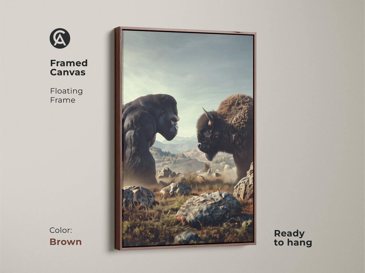 Framed canvas showing a Gorilla and Bison in natural habitat. The floating frame is brown. This wildlife artwork has rustic earth tones. Ready to hang this animal art makes a great Father's Day gift.