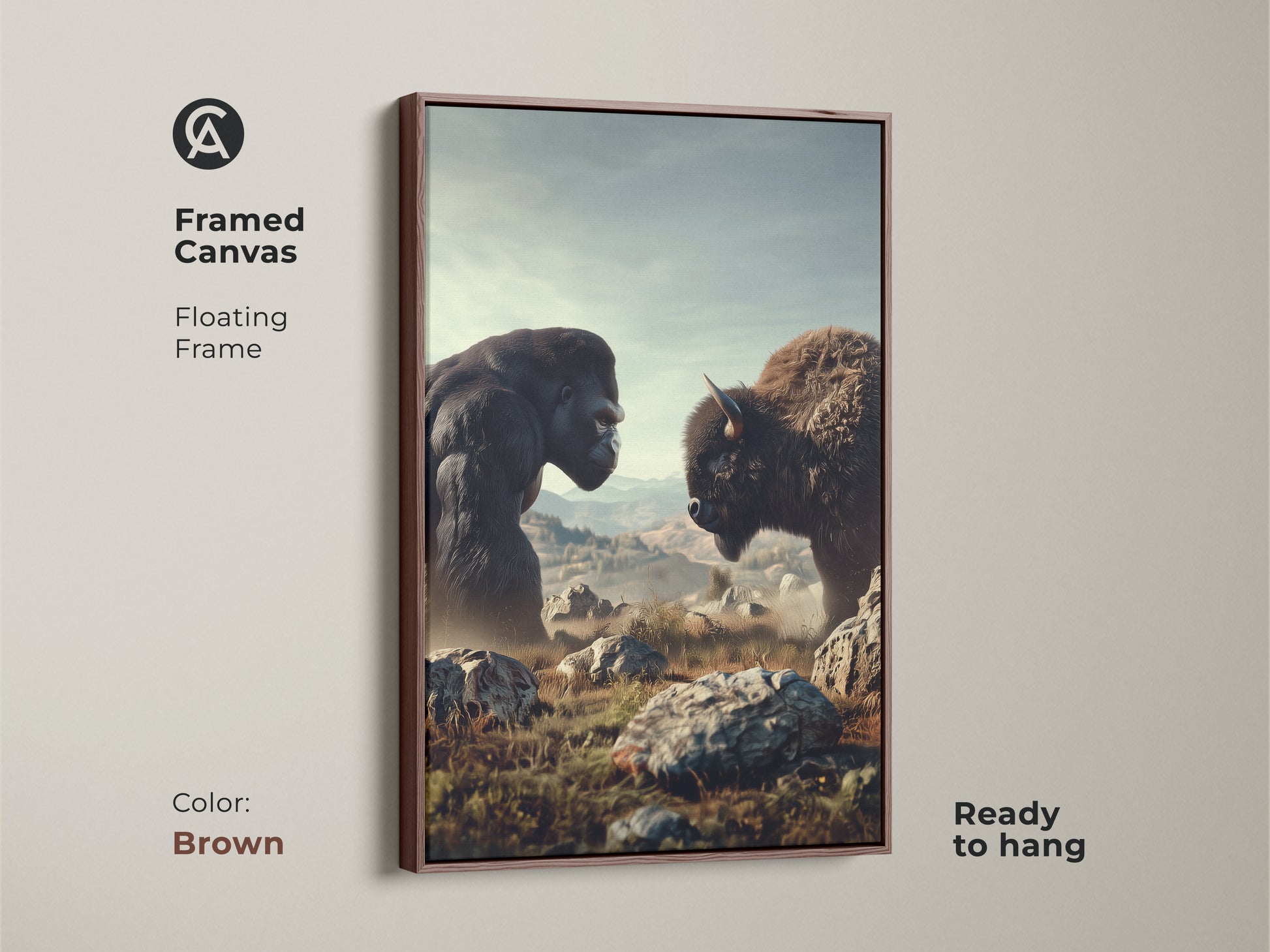Framed canvas showing a Gorilla and Bison in natural habitat. The floating frame is brown. This wildlife artwork has rustic earth tones. Ready to hang this animal art makes a great Father's Day gift.