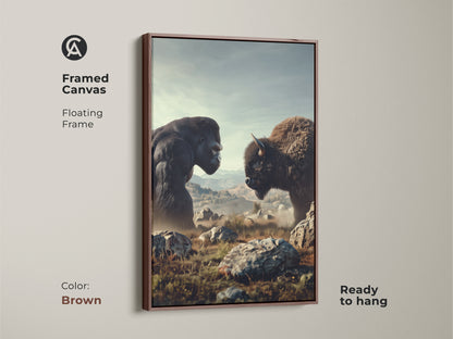 Framed canvas showing a Gorilla and Bison in natural habitat. The floating frame is brown. This wildlife artwork has rustic earth tones. Ready to hang this animal art makes a great Father's Day gift.