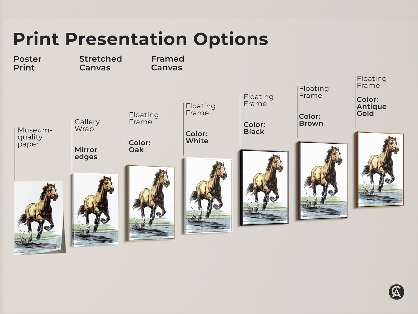 Explore print presentation options for the galloping horse art print. Choose from poster prints stretched canvas and framed canvas. Customize with floating frames in oak white black brown and antique gold. Find the perfect equestrian wall art for your space.